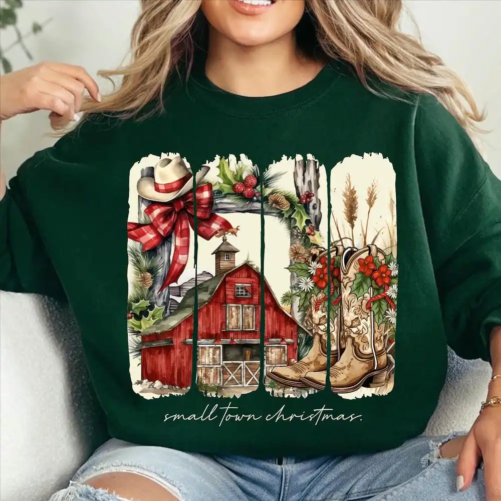 

Винтажный рождественский уютный свитшот с маленьким городом, рождественский западной пастушка, рождественский флисовый свитшот с длинными рукавами Y2K, уличная одежда