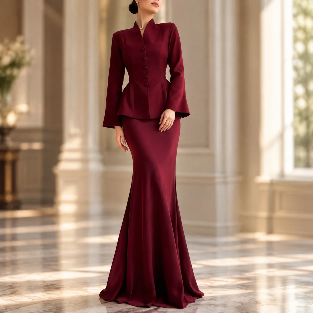 Slim Fit Long Sleeve Set High Waist Elegant with Stand Collar Wrinkle Resistant Finish Fitted Button Front Autumn for Women