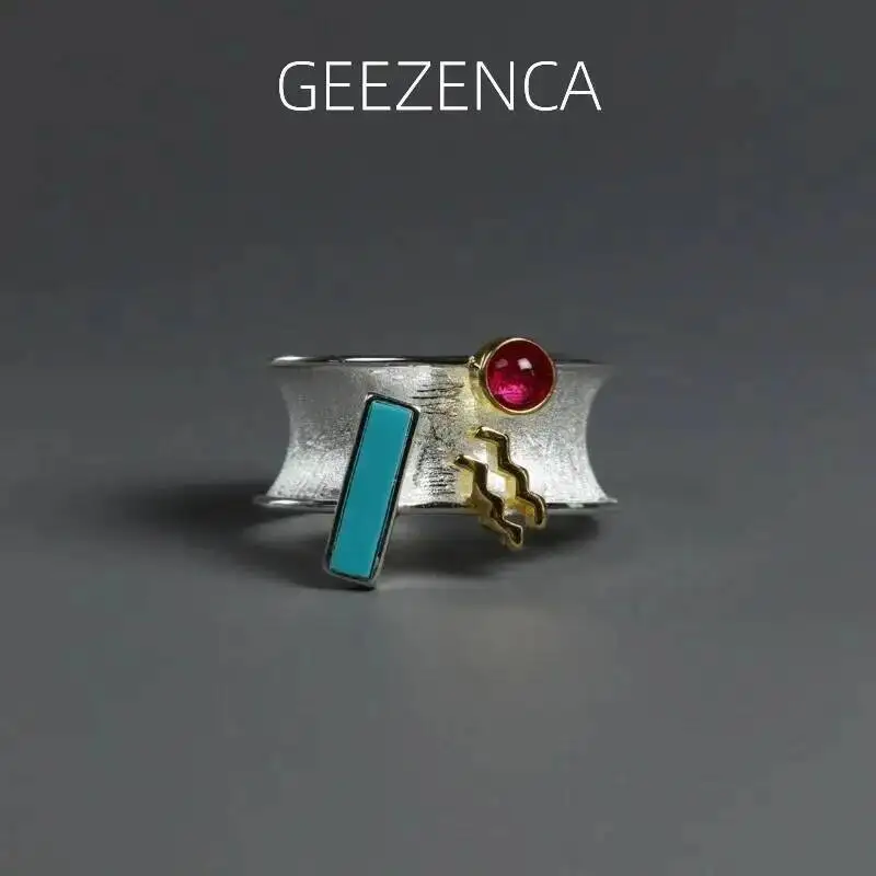 

GEEZENCA 925 пробы серебряные двухцветные разноцветные циркониевые широкие кольца для женщин дизайнерские шикарные геометрические коктейльные кольца 2023 новый подарок