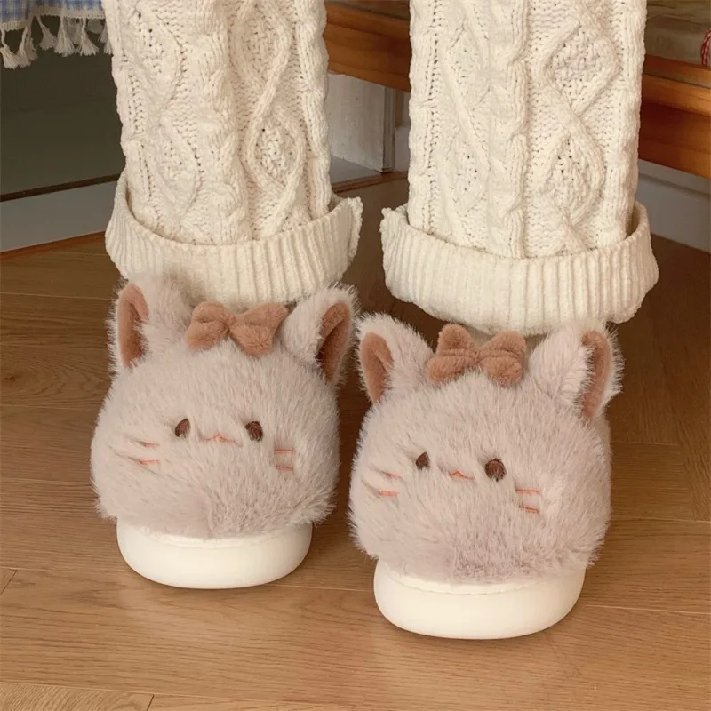 Cute Fluffy cat Slippers Women Slip on Animal Slides Indoor House Furry Cotton Shoes Warm 2024 New Girls cat Shoes