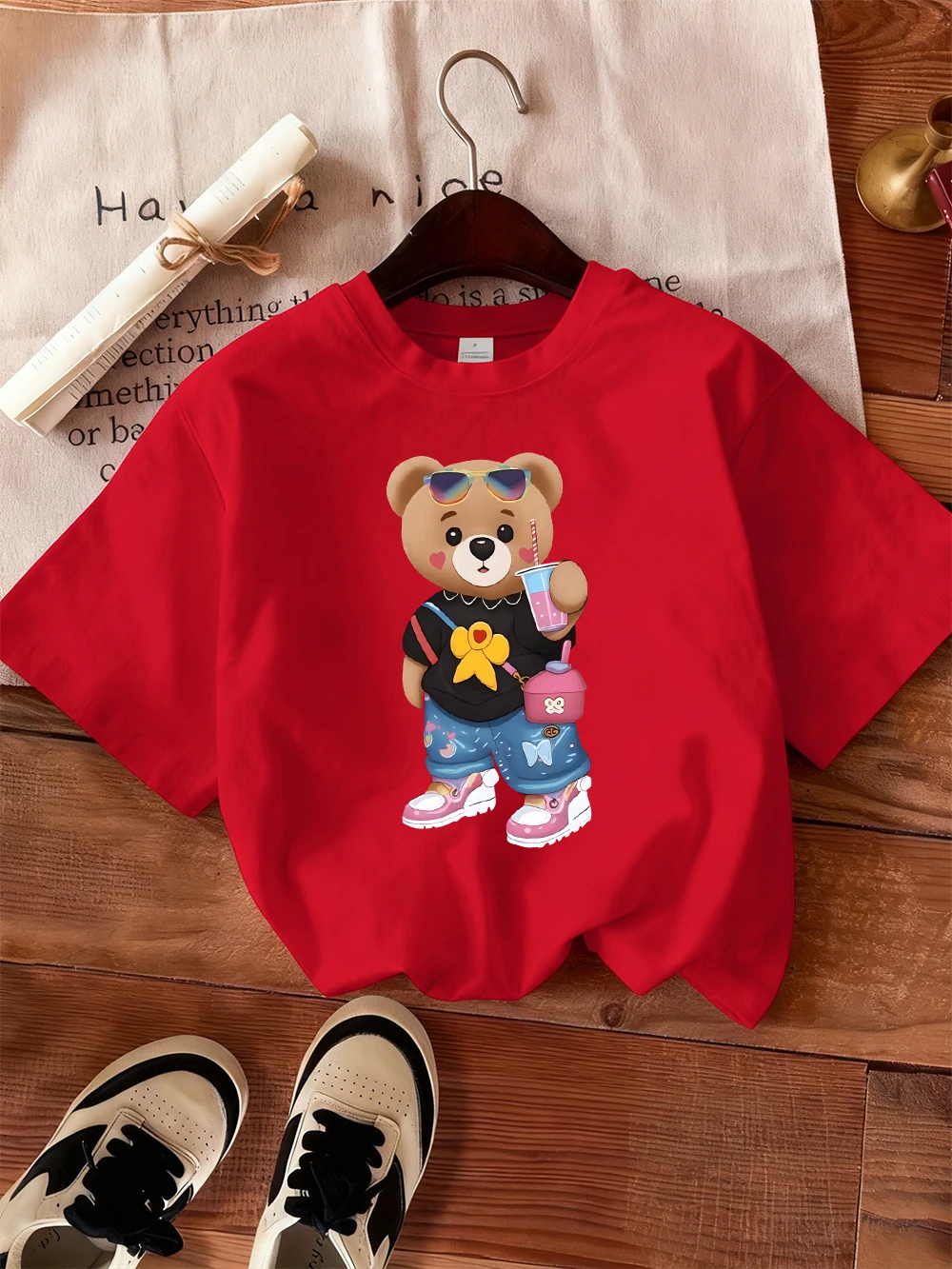 Bear Sister Drinking Beverages Prints T-Shirt Womens Summer T Shirts Soft Loose Short Sleeve Tops Casual O-Neck Woman Clothes