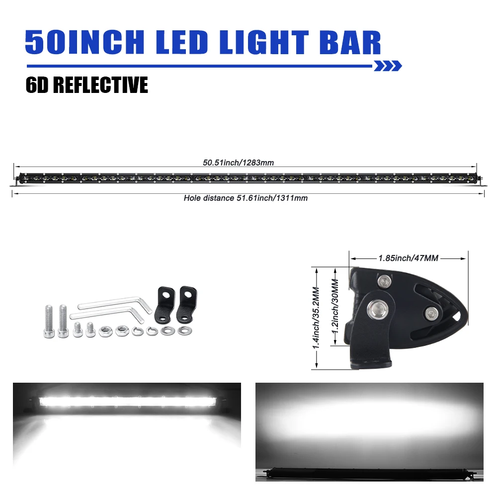 HAOLIDE 6D Ultra Slim LED Lichtbalk 1 Rij 7inch-50inch Rijlicht 6000K Wit voor Offroad 4X4 SUV UTV IP68 12V 24V off-road