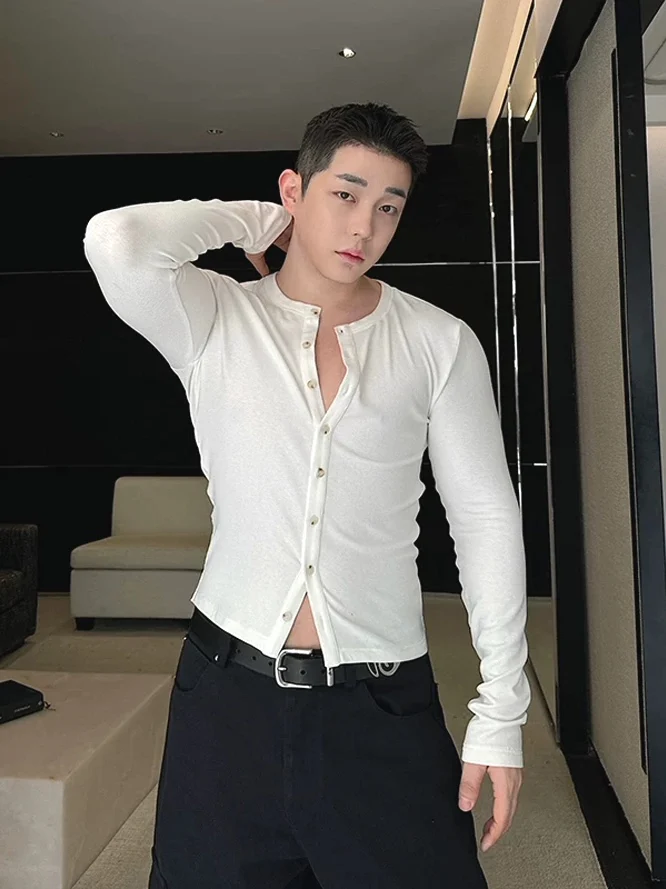 Shape Enhancing Lightweight Breathable Men's T-Shirt round Neck Button up Silk Bamboo Fiber Long Sleeve Fashionable Top