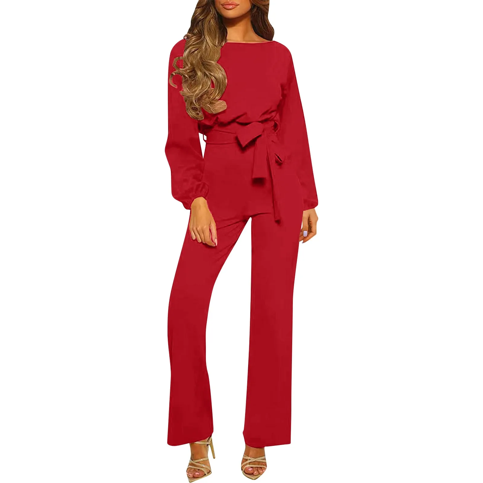 Women'S Casual Fashion Round Neck Long Sleeved High Waisted Matching Belt Jumpsuit