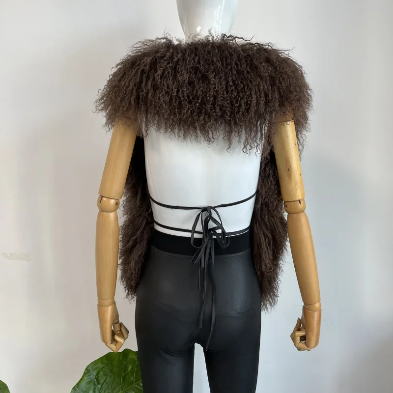 BEIZIRU Women's Fluffy Luxury Real Mongolian Fur Halter Vest Sleeveless Deep V-Neck Solid Top Outerwear