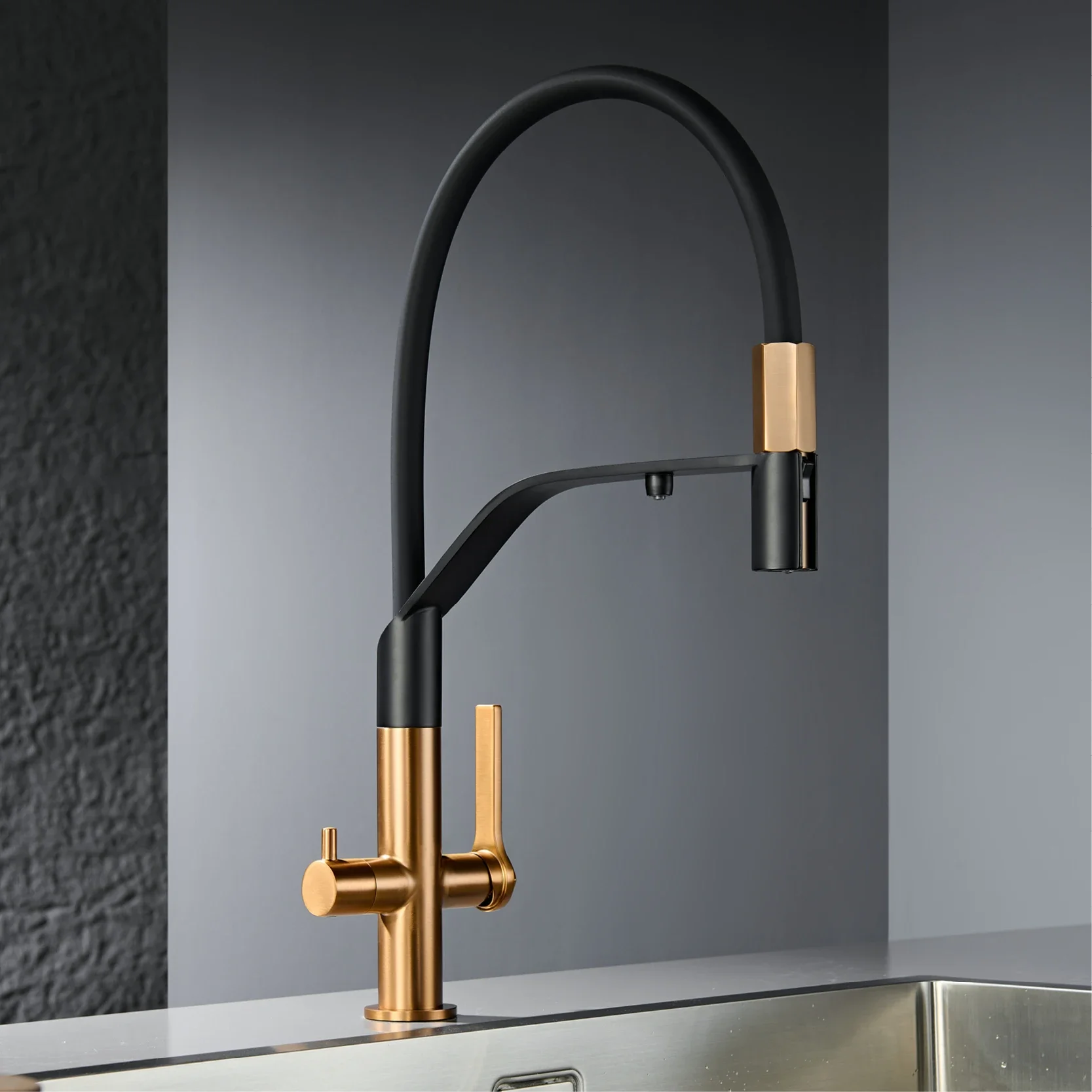 brushed gold pull-out drinking water 3-in-1 kitchen faucet, hot and cold  sink Tap mixer