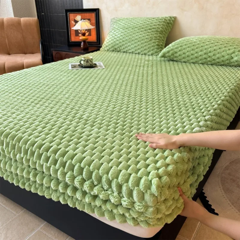 1 piece fleece bed skirt high gram weight thick and warm solid color fully wrapping mattress protector.