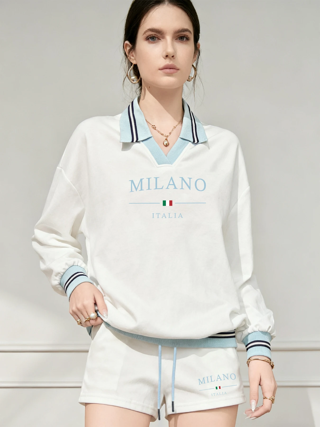 بدلة غير رسمية على طراز الكلية الأمريكية للنساء، سترة رياضية خريفية بأكمام طويلة، شورت برباط، بدلة من قطعتين #1