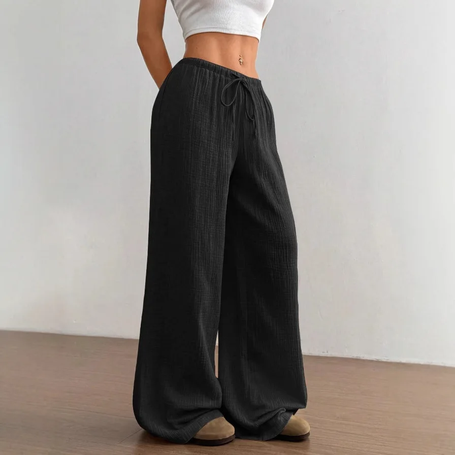 女性用カラールーズワイドレッグカジュアルパンツ、ローウエスト、無地、春シーズン、レディースファッション、ルーズ、PVC素材