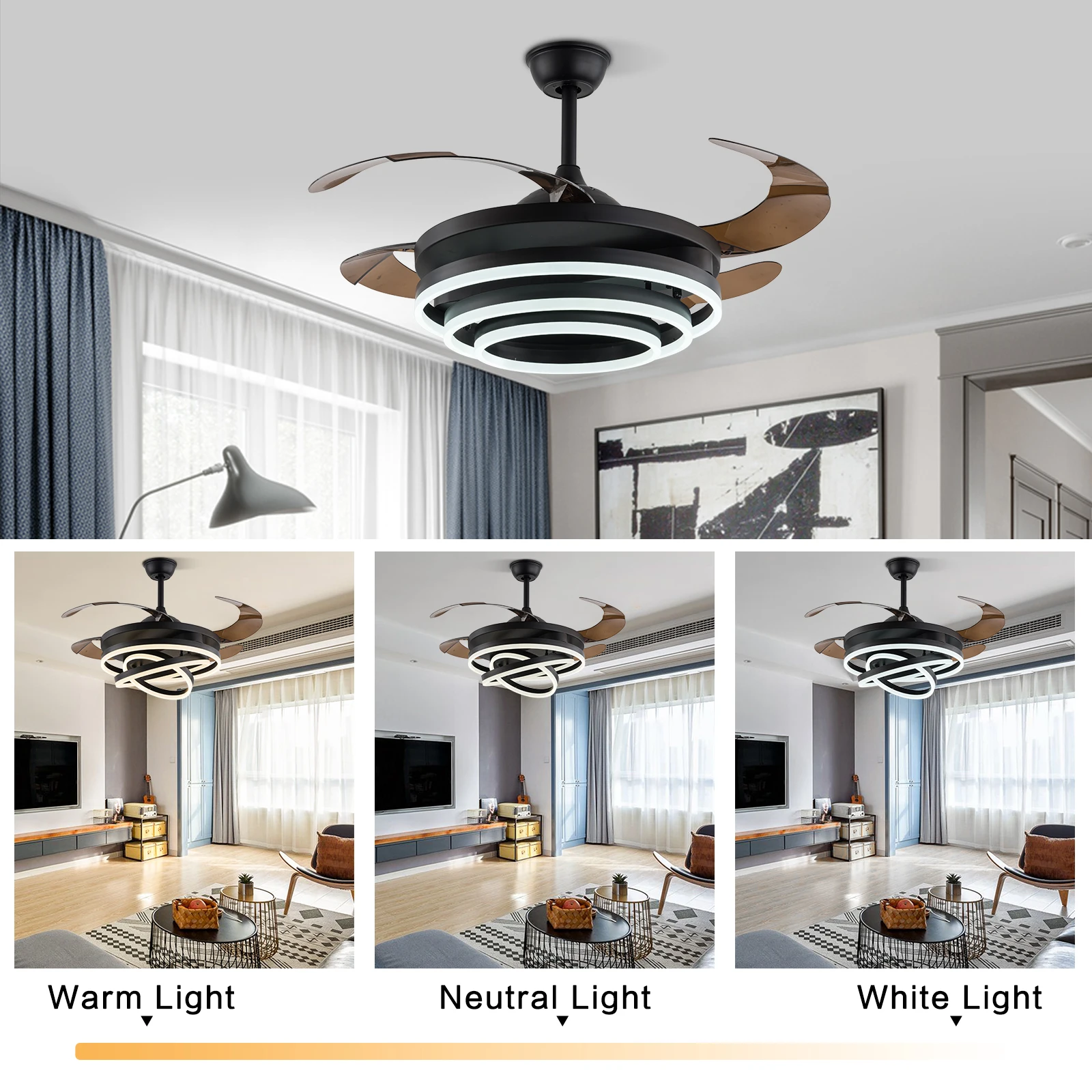 For Living Room 42 Inch Retractable LED Ceiling Fan Light Invisible Chandelier Pendant Lamp 3 Speeds Colors Remote