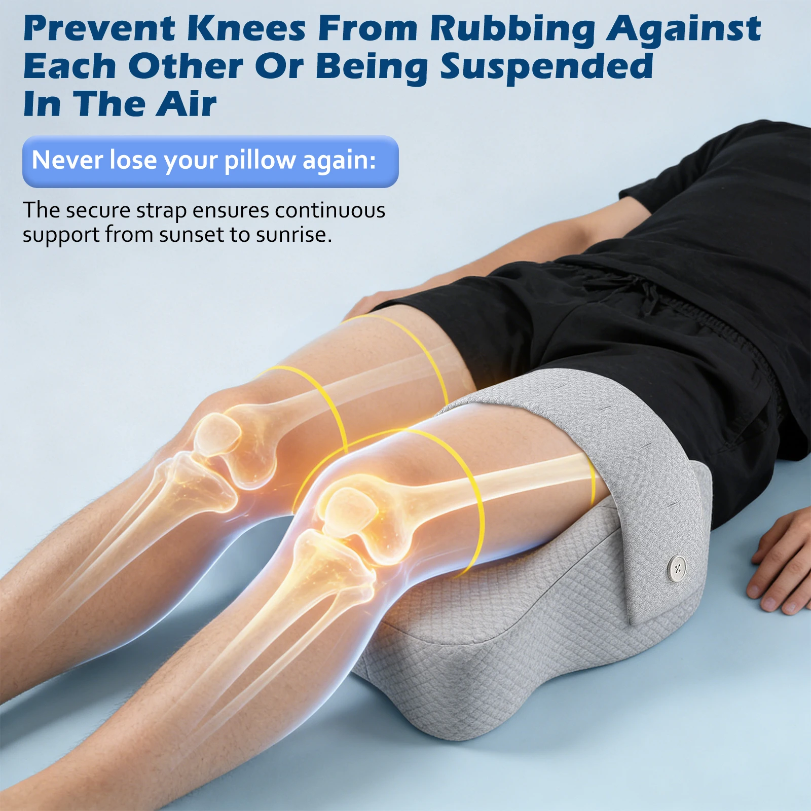Cuscino ergonomico per il supporto delle gambe e delle ginocchia, ideale per chi dorme su un fianco, che migliora la postura durante il sonno e ha una fodera rimovibile e lavabile.