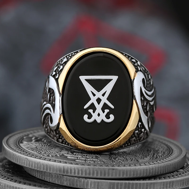 Dropshipping Vintage Sigil Lucifer Rock Ring 316L Stainless Steel Seal of Satan Stone Rings for Men Male Punk Rock Jewelry