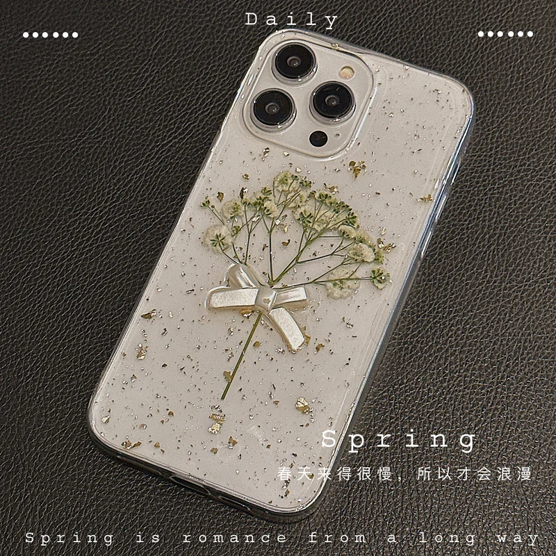 3D Bow Dry Flower Transparent Phone Case for iPhone 15 Pro Max 14 Plus 13 Mini 12 11 Xsmax Xr 8Plus Fall Protection Case
