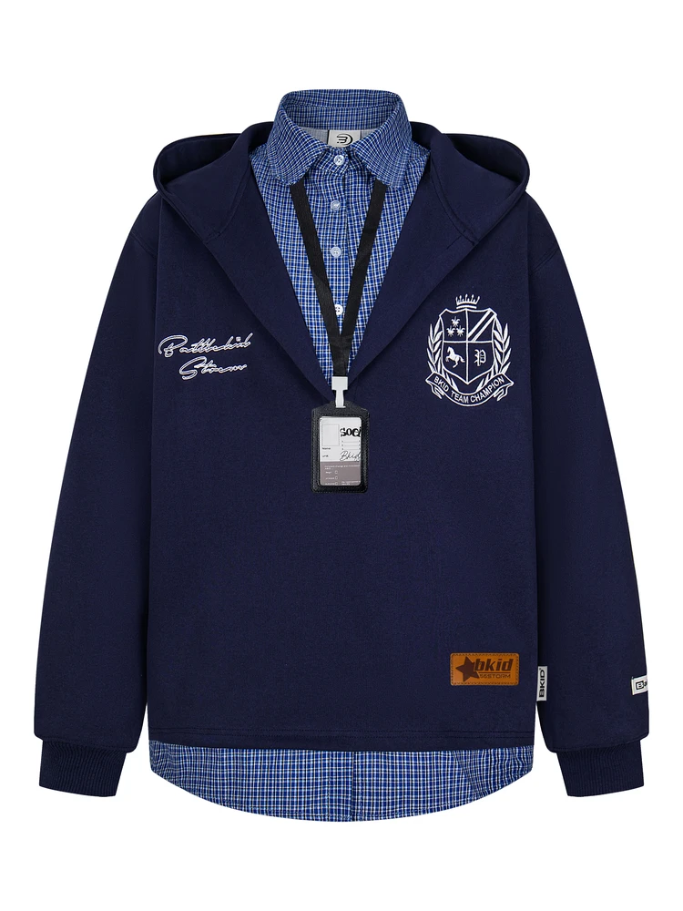 

American Retro Plaid Shirt Jacket Hoodie Loose Unisex College Style Couples Match Outerwear Fake Two-Piece Long Sleeve Hooded