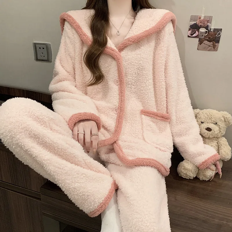 Autumn Winter Woman Thickened Fleece Pajamas Girl Student Warm Long-sleeve Long-pants Set Women Loungewear Casual Homewear Lady