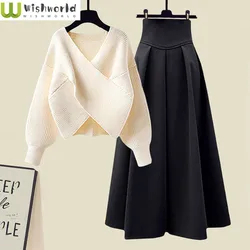 Autumn and Winter Set Women's 2023 New Korean Version Slim Cross Sweater Mid Length Half Length Skirt Two Piece Set