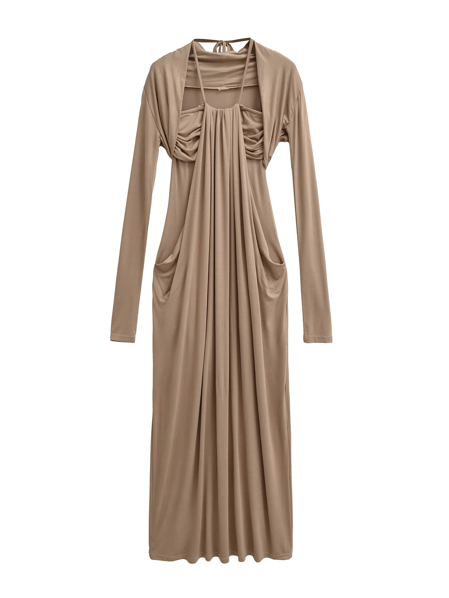 

Sexy Pure Desire Waist-Cinching ter Strapl Dr Women's Modal awl Faionable Two-piece Set Long Sve Bodycon Gown