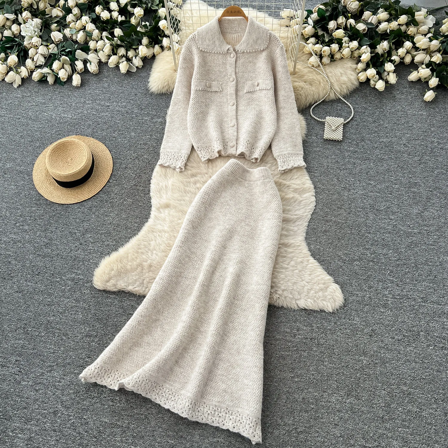 Gentle Lazy Style Knit Women Skirt Set Women Autumn Long Sleeve Cardigan Top and Skirt High Waist Women Office Daily Skirt Set