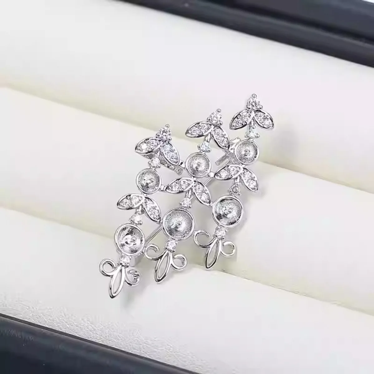 DIY Brooch Blank Brass Gold Plated 3-Row Flower, Micro Pave Zircon Base, Trendy Ladies Pearl Corsage Brooch