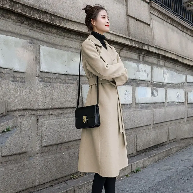 

Классическое элегантное женское шерстяное пальто средней длины, зима 2025 года, двустороннее флисовое тонкое дизайнерское теплое вневременное пальто