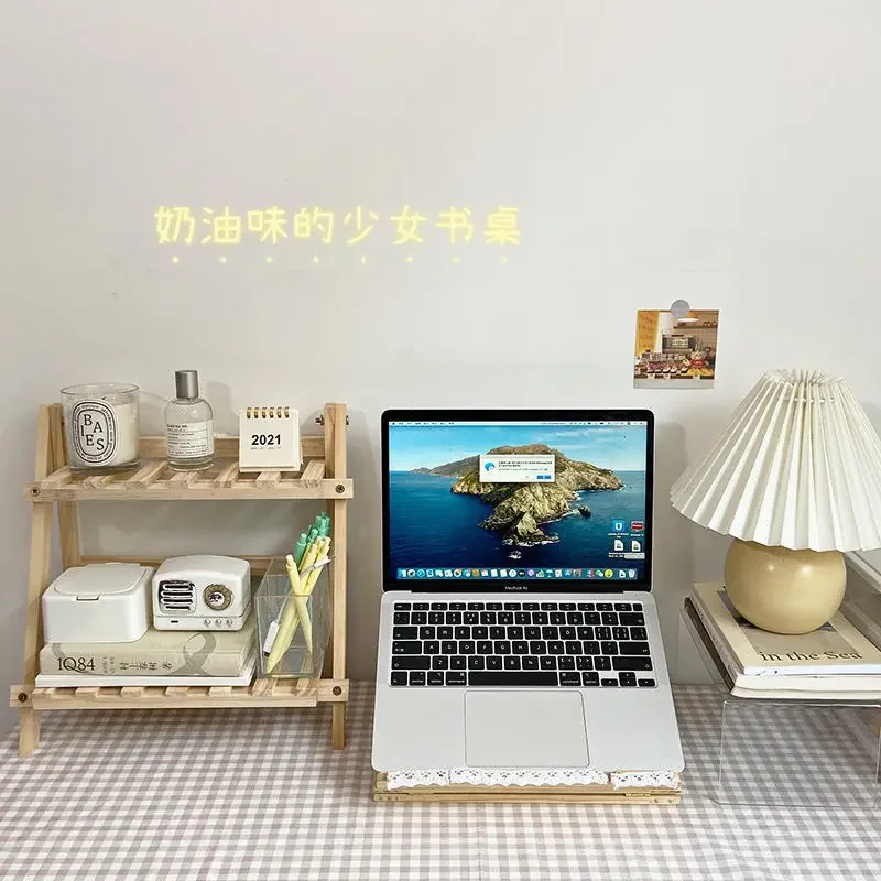 1pc 2 Tier Tabletop  Office Desktop Storage Organizer Wood Display Decorative Storage Rack Foldable Book Shelf