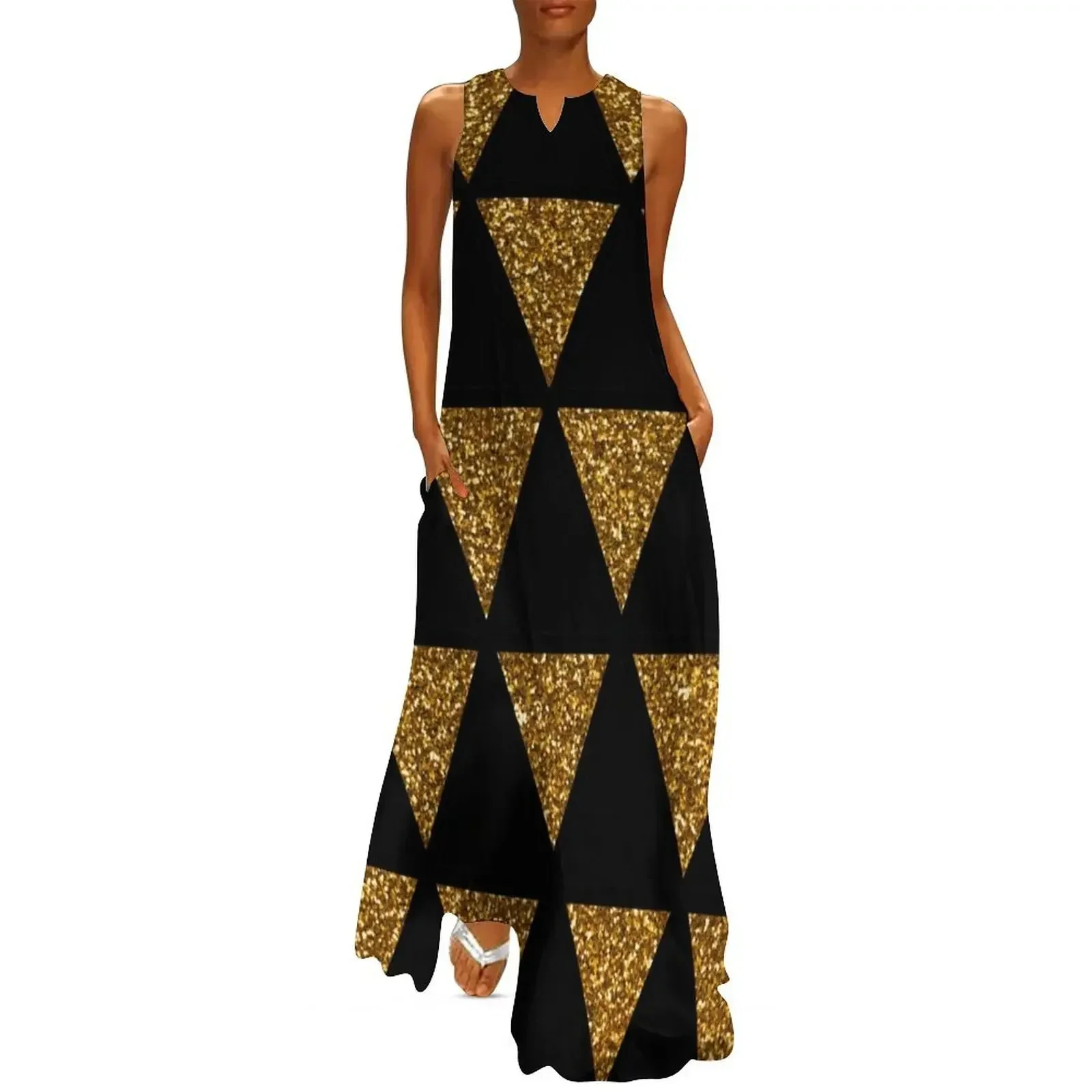 

Black and Glitter Gold Geometric Triangle Pattern Design Long Dress Evening dresses Dress for pregnant women prom clothes Dress