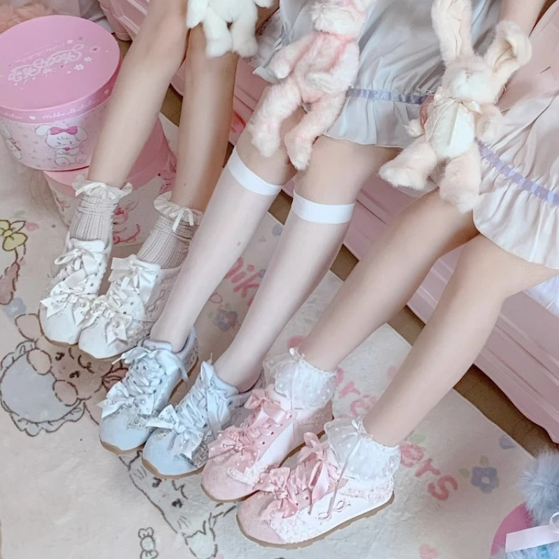 Girls Sweet Pearl Beading Sports Training Shoes Student Lo Running Women's Sneakers Flat Ballet Lace-up Satin Bow Leather Shoes
