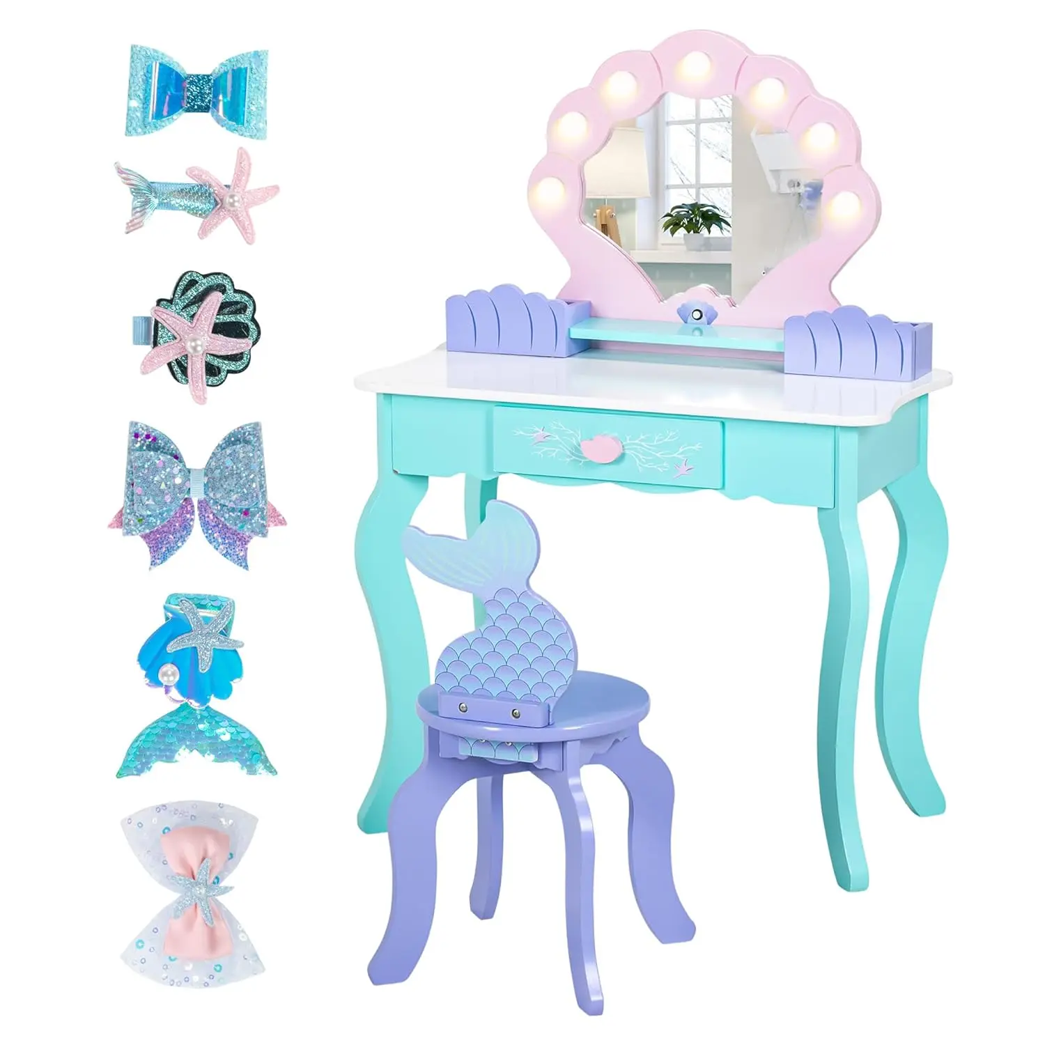 #Wooden Kids Vanity Set with Mirror Lights Stool Ocean Theme Pretend Play Makeup Table Chair Birthday Gift