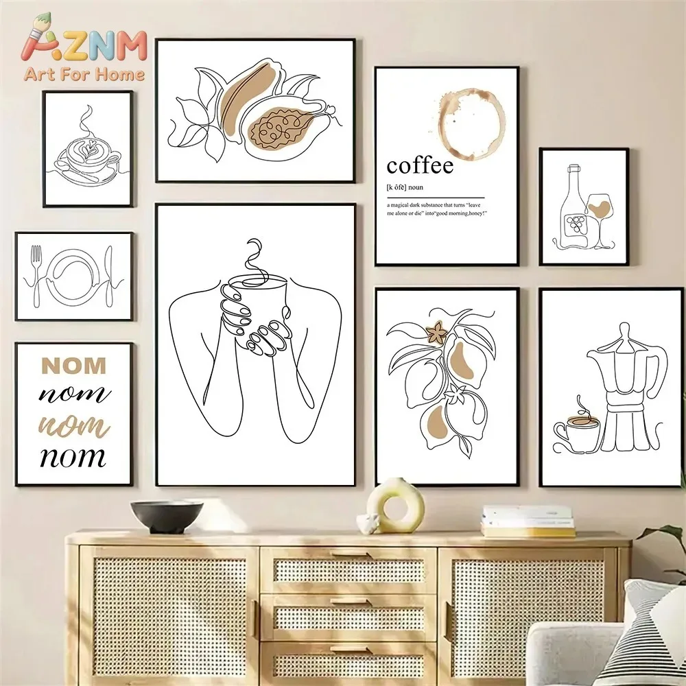 AZNM Minimal One Line Coffee Fruit Wine Canvas Wall Art Neutral Abstract Sketch Print Unframed Canvas Painting for Kitchen Cafe