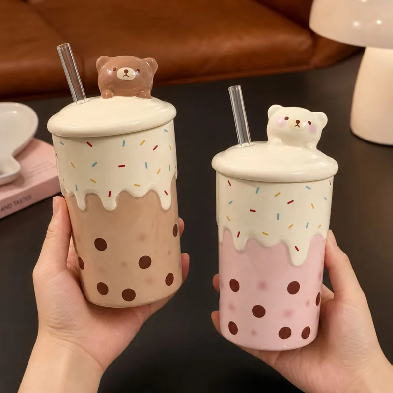 Cute Bear Ceramic Mug With Lid, Straw Pink Boba Milk Tea Cup, Cartoon Animal Coffee Mugs Home Office, Drinkware Gift For Her