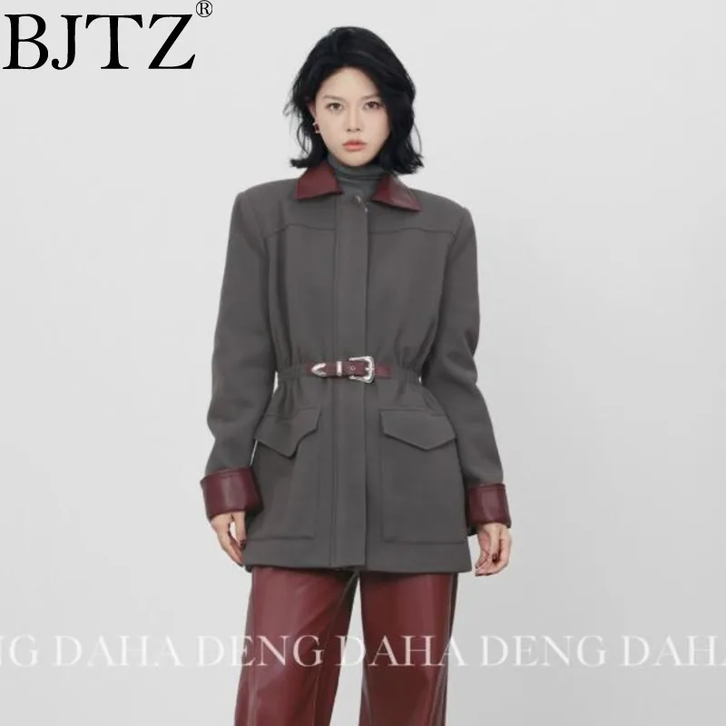 

BJTZ Two-color Spliced Lapel Coat 2025 Spring New Women's High-end Lace-up Waist Buckle New Slim-fit Temperament All-in-one Top