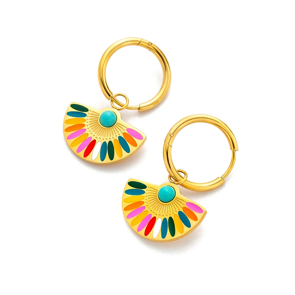 JeeMango Trendy Bohemia Fan Hoop Earrings For Women 18K Gold Plated Stainless Steel Handmade Colorful Glaze Earrings JE22200
