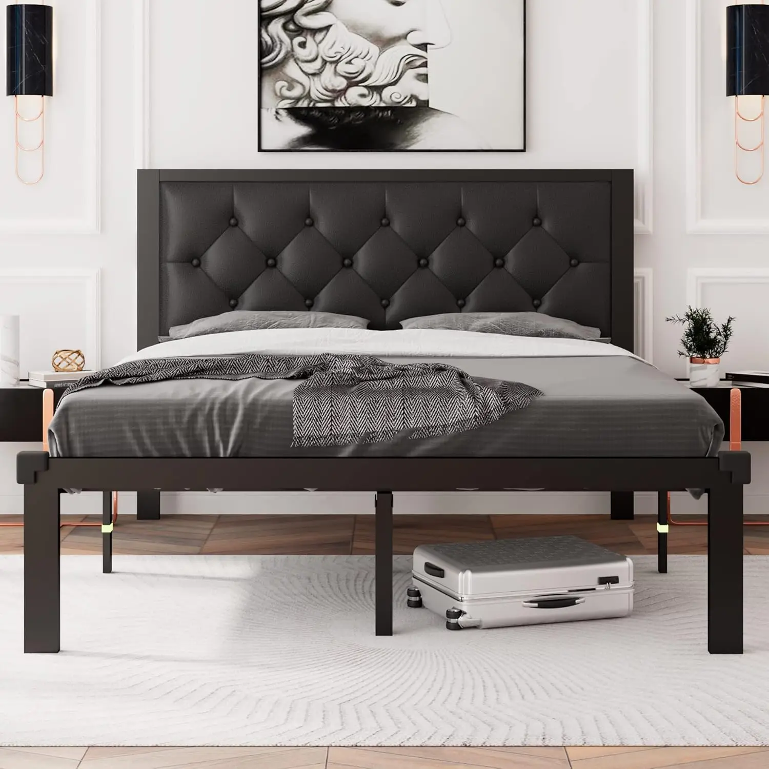 Feonase Full Size Metalen Bedframe Met Faux Lederen Getufte Hoofdeinde Met Knopen, Zwaar Platform Bedframe Met 12 "" Opslag,