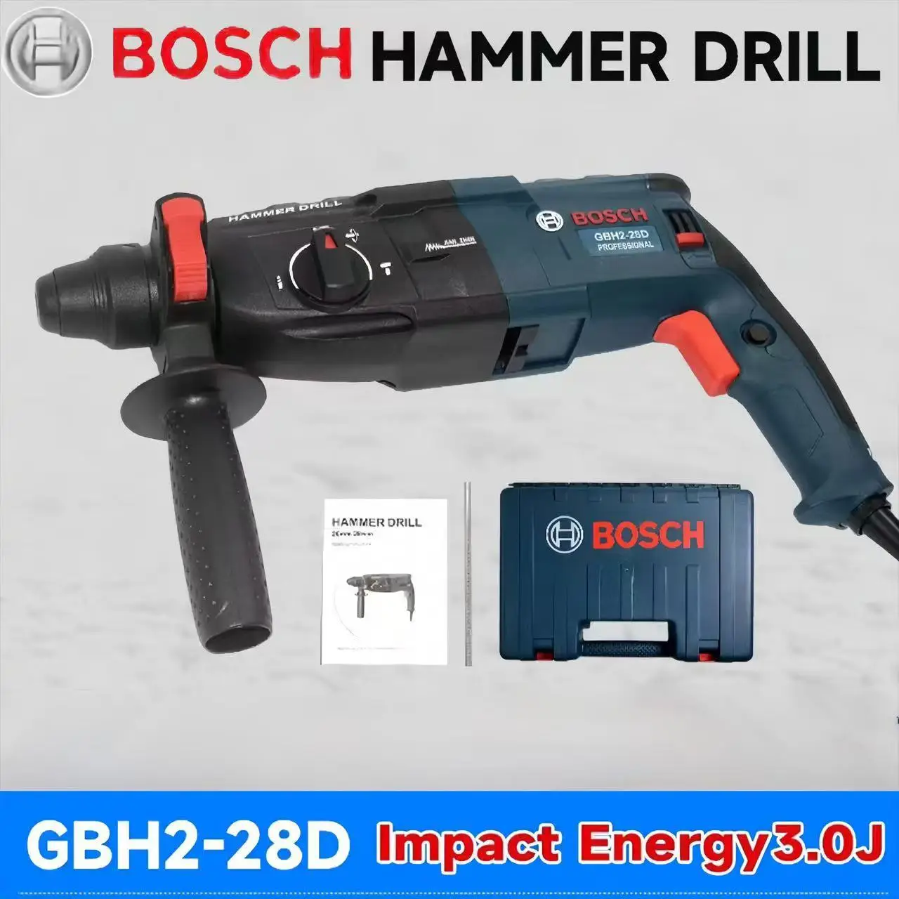 مطرقة دوارة متينة من Bosch GBH2-28 مع حافظة، قوة 800 وات لحفر الخرسانة الفعالة