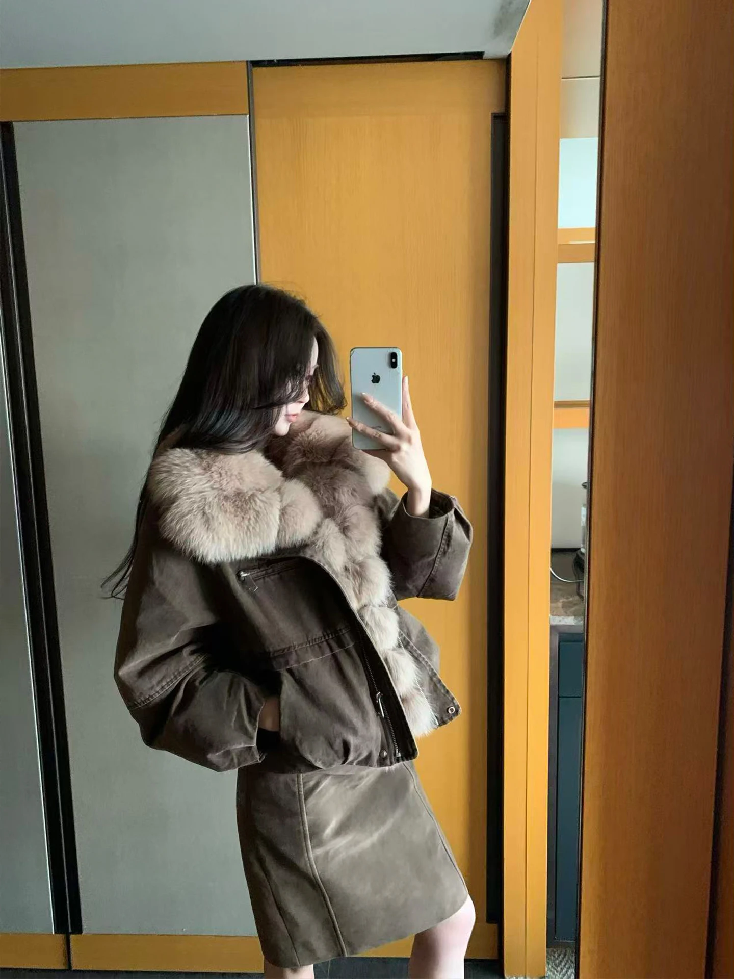 

Gyo Zermatt Waed Denim Jaet with Fur Collar Removable Coffee Color Women's Padded Coat Warm Casual Loose Fit