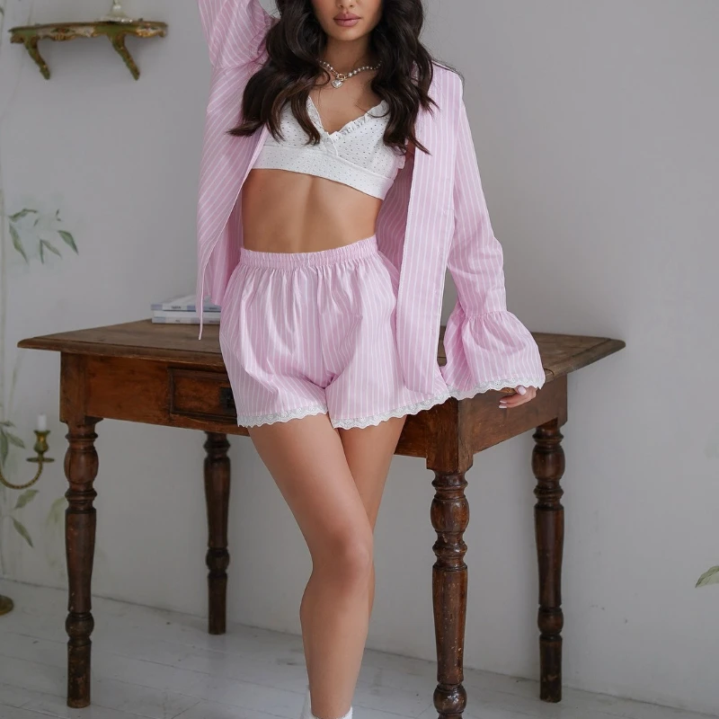 2 Pieces Set Pajamas Women Summer Pink Striped Long Petal Sleeve Spliced Lace Shorts Suit Sweety Loungerwear Casual Homewear
