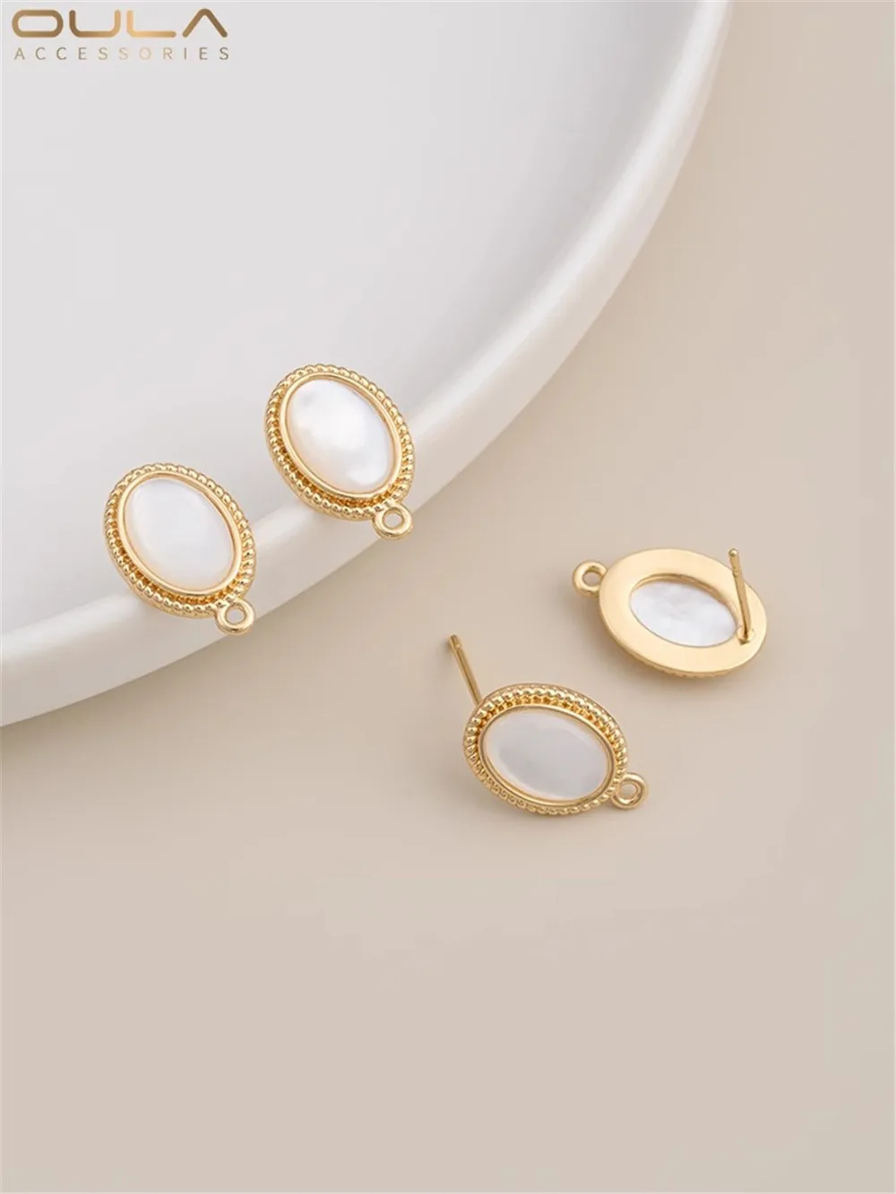 

Set with Natural Camber Shell 14K Bag Gold Color Oval with Earrings 925 Silver Needle Diy Earrings Accessories