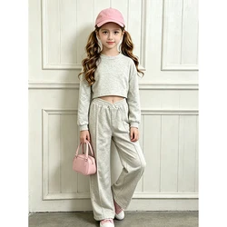 Spring Autumn Kids High Quality Clothes Sets For Girls Solid Color Cropped Top And trousers Brief Causal Style Loose Comfortable