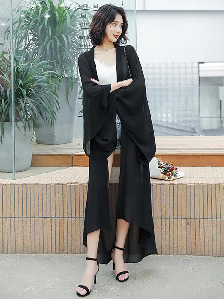 

Новая свободная женская летняя рубашка в стиле Ханьфу большого размера с длинным рукавом из шифона, дышащая, легкая, для защиты от солнца и кондиционирования воздуха