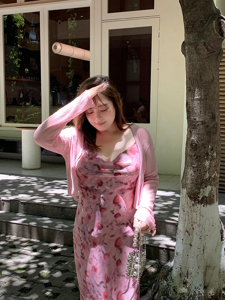 

Summer New plus Size Women's Faion Set Sweet Sle V-Ne Long Sve Fi Tail Strap Dr Two-Piece Set Watermelon Slimming