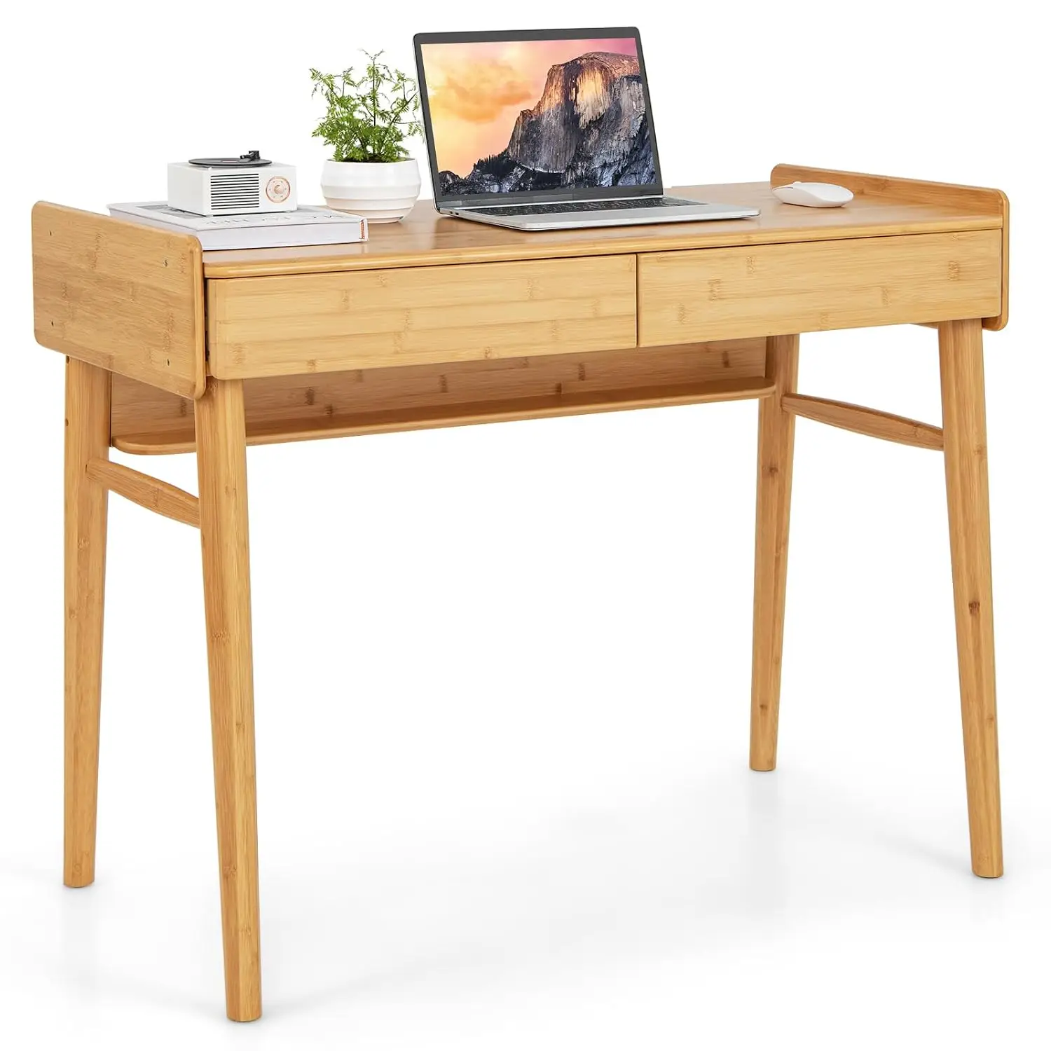 Bamboo Mid Century Desk 2 Drawers & Shelf, Home Office Study Desk Cable Management, Computer Desk Working, Customized