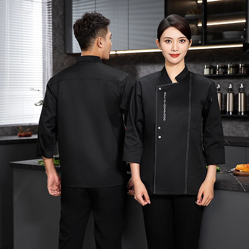 Chaqueta de Chef negra, uniforme de chef de manga larga, abrigo de cocinero, camiseta de Chef, uniforme de trabajo de panadero, camarero, restaurante, ropa de Hotel, logotipo para mujer