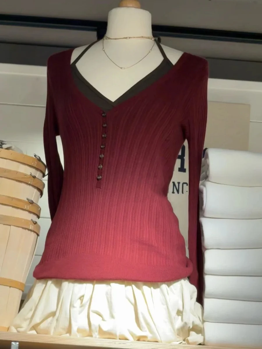 

Red Knit Buttons T-shirts Women Spring Sexy V-neck Button Cotton Slim Long Sleeve Tees Sweet Y2K Cute Preppy Style T Shirt