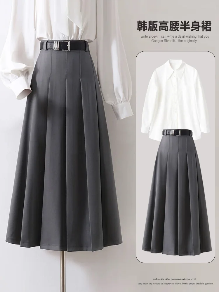 Elegant Vintage Pleated Maxi Long Skirt Women With Belt Harajuke Korean Preppy Style High Waist Slim A-Line Skirt Mujer De Moda