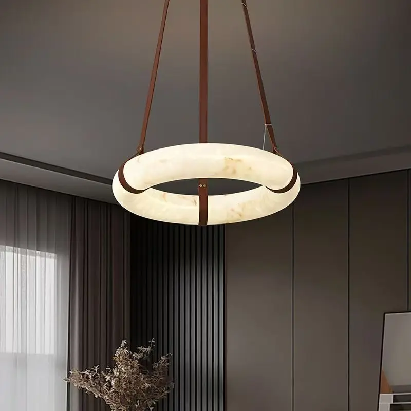 Modern Minimalist Faux Alabaster Living Dining Pendant Light Creative Circular Ring Leather Fixture Hotel Bar Home Lighting LED