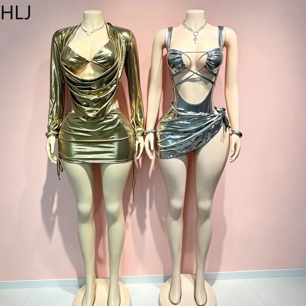 HLJ Sexy Sexy Metallic Cutout Two Piece Set Women Shiny Draped Bodycon Mini Skirt Night Club Rave Festival Party Clubwear Outfit