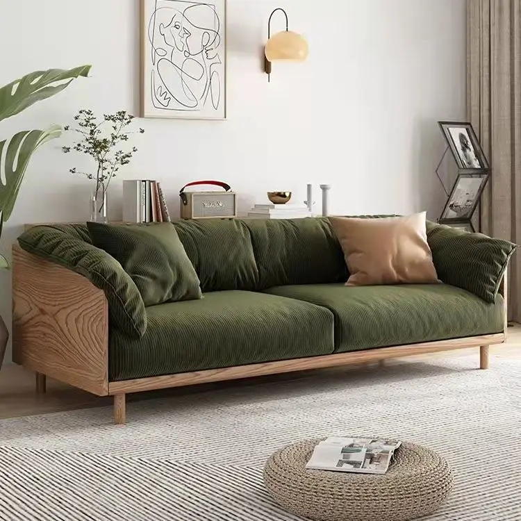 retro solid wood sofa technology cloth Nordic small apartment living room three-person removable and washable Japanese log sofa