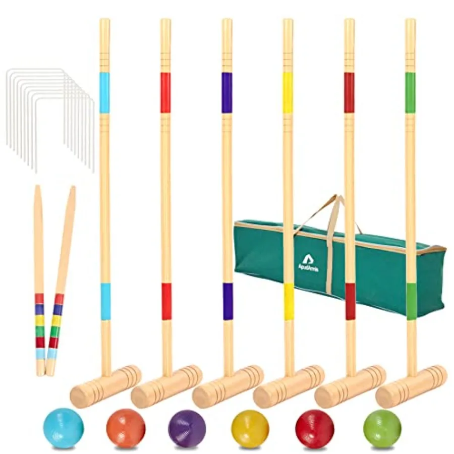 

32In Six Player Croquet Set with Deluxe Premiun Pine Wooden MalletsColored Ball Wickets Stakes - Lawn Backyard Game Set for Adu