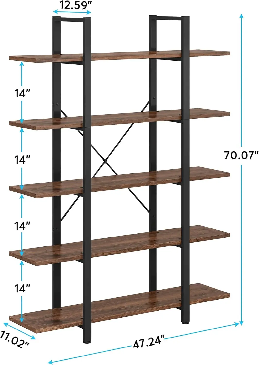 5-Tier Bookshelf, Vintage Industrial Style Bookcase 72 H x 12 W x 47L Inches