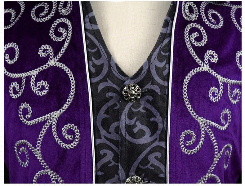 سترة طويلة مطرزة باللون الأحمر للرجال، معطف واق من المطر مكون من قطعتين باللون الأسود، معطف خلفي عتيق بياقة أرجوانية. #3